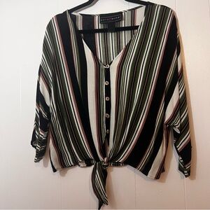 Polly&Esther Striped Multi Colored Button Down Blouse tied waist Size Large
